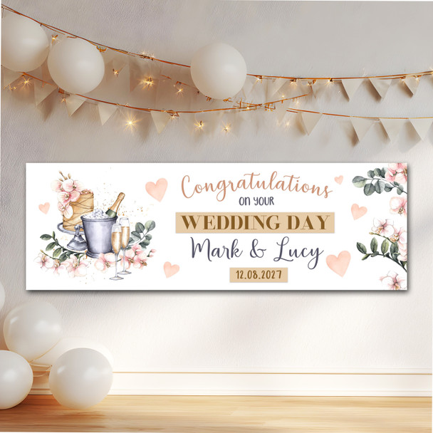 Personalised Party Banner For Wedding Day Congratulations Champagne Cake Hearts