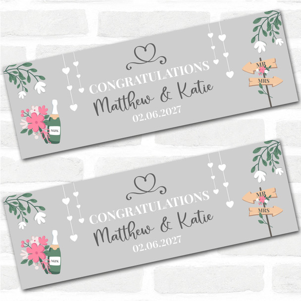 Personalised Party Banner For Wedding Day Congratulations Heart Silver Champagne