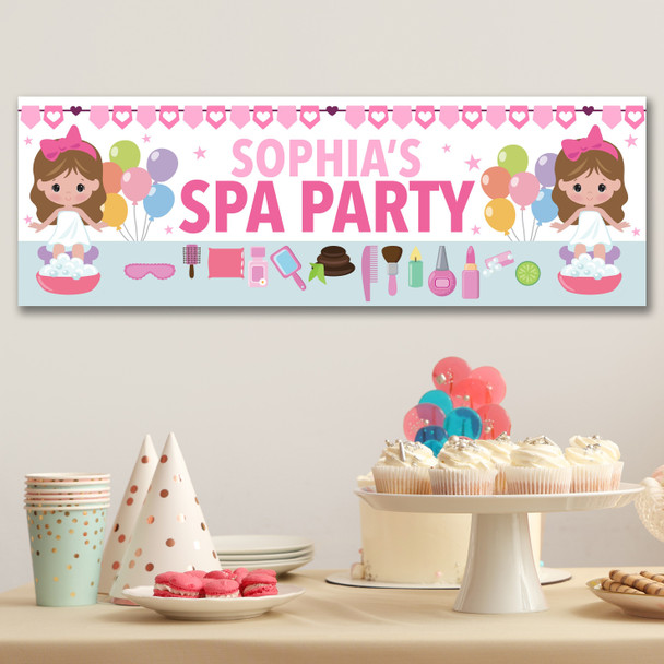 Personalised Party Banner For Kids Birthday Brown Hair Cute Girl Spa Party