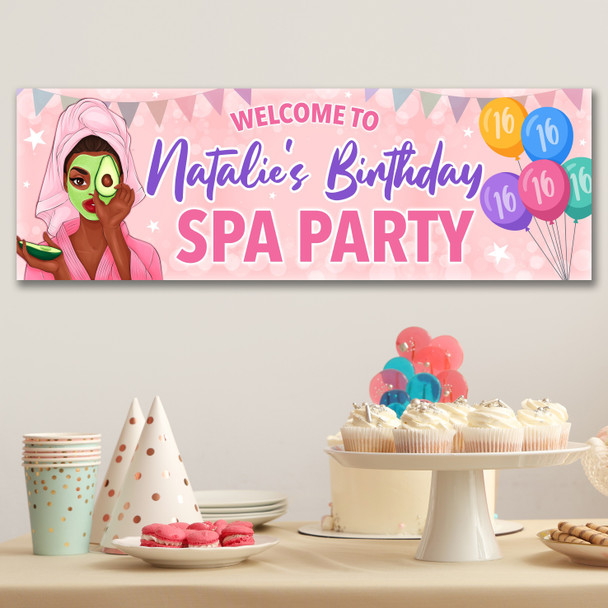 Personalised Party Banner For Kids Birthday Dark Skin Girl Spa Pamper Party