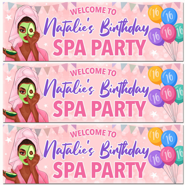 Personalised Party Banner For Kids Birthday Dark Skin Girl Spa Pamper Party