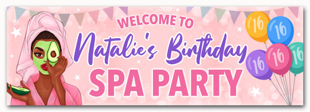 Personalised Party Banner For Kids Birthday Dark Skin Girl Spa Pamper Party