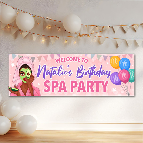 Personalised Party Banner For Kids Birthday Dark Skin Girl Spa Pamper Party