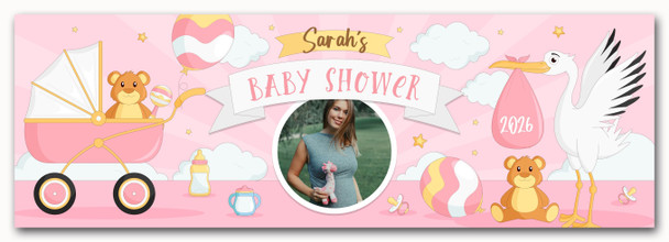 Personalised Party Banner For Baby Shower Photo Girl Stork Pram Pink