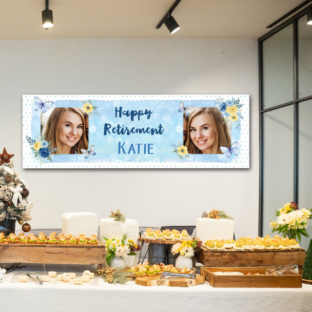 Personalised Party Banner For Retirement Photo Blue Floral Butterfly