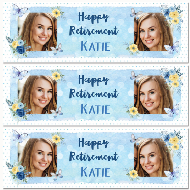 Personalised Party Banner For Retirement Photo Blue Floral Butterfly