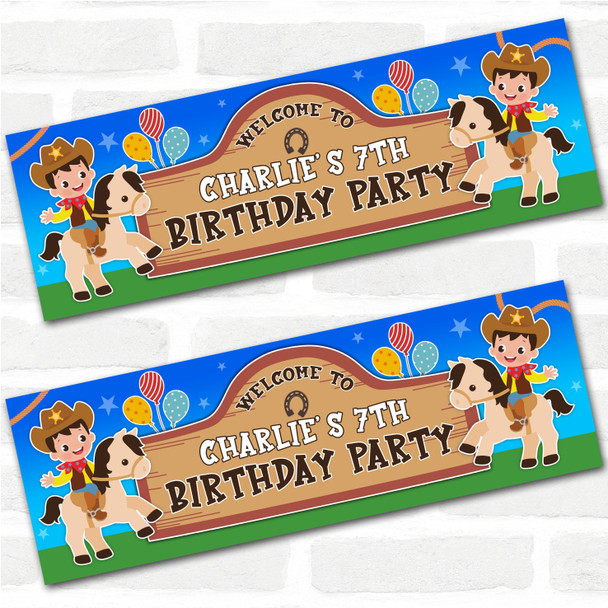 Personalised Party Banner For Kids Birthday Cute Cowboy Horse Balloons