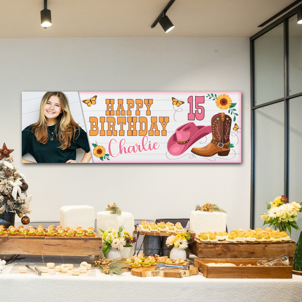 Personalised Party Banner For Kids Birthday Girls Pink Cowboy Boots Photo