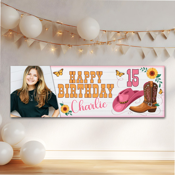 Personalised Party Banner For Kids Birthday Girls Pink Cowboy Boots Photo