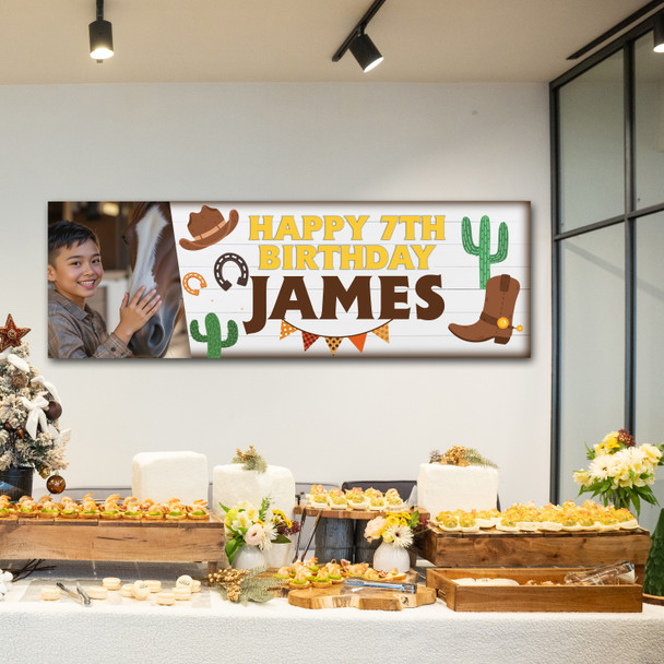 Personalised Party Banner For Kids Birthday Photo Western Boots Hat