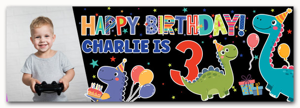 Personalised Party Banner For Kids Birthday Cute Dinosaurs Photo
