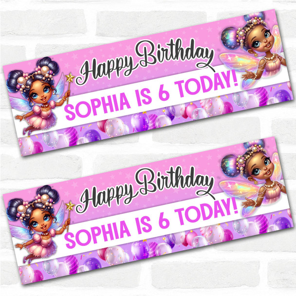 Personalised Party Banner For Kids Birthday Girls Dark Skin Fairy