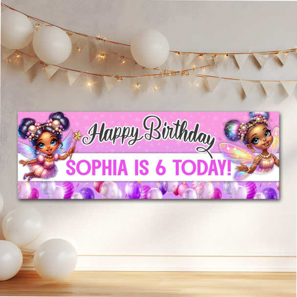 Personalised Party Banner For Kids Birthday Girls Dark Skin Fairy