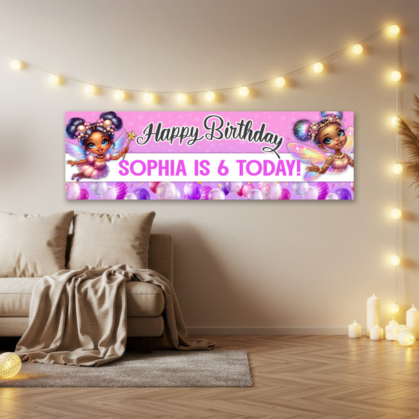 Personalised Party Banner For Kids Birthday Girls Dark Skin Fairy