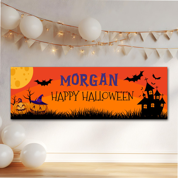 Personalised Party Banner For Halloween House Pumpkin Bat Orange