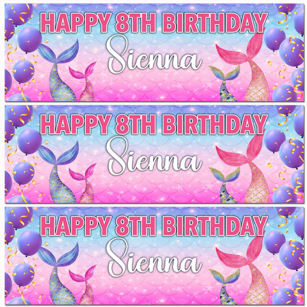 Personalised Party Banner For Kids Birthday Watercolour Mermaid Tails