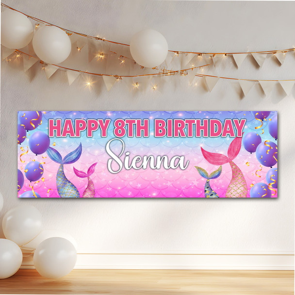 Personalised Party Banner For Kids Birthday Watercolour Mermaid Tails