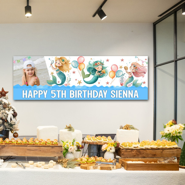Personalised Party Banner For Kids Birthday Watercolour Mermaids Photo