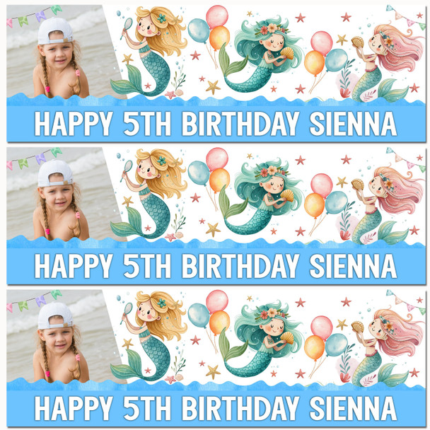 Personalised Party Banner For Kids Birthday Watercolour Mermaids Photo