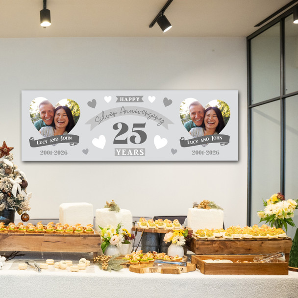 Personalised Party Banner For 25th Wedding Anniversary Silver 25 Years Photo