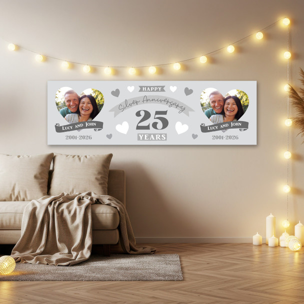 Personalised Party Banner For 25th Wedding Anniversary Silver 25 Years Photo