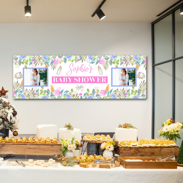 Personalised Party Banner For Baby Shower Photo Pink Blue Flowers