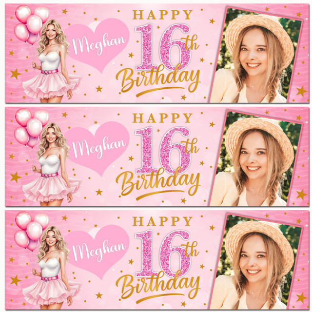 Personalised Party Banner For Kids Birthday Pink Blond Girl Balloons Photo