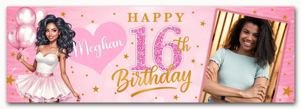 Personalised Party Banner For Kids Birthday Pink Dark Skin Girl Balloons Photo