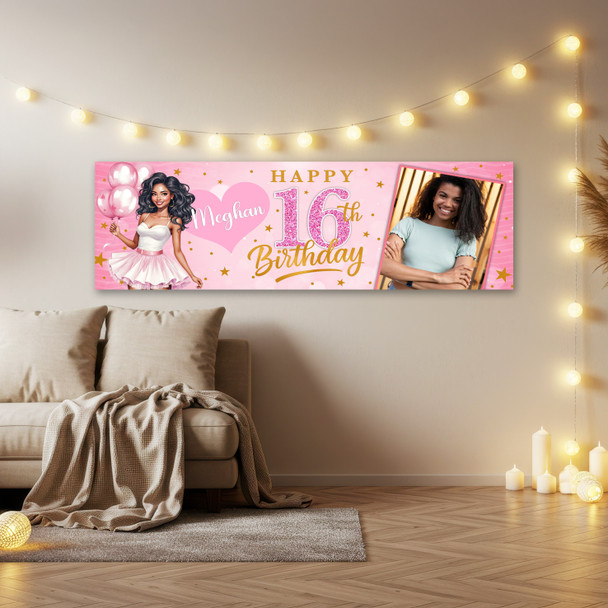Personalised Party Banner For Kids Birthday Pink Dark Skin Girl Balloons Photo