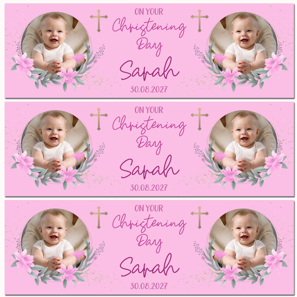 Personalised Party Banner For Christening Girls Photo Pink Flowers