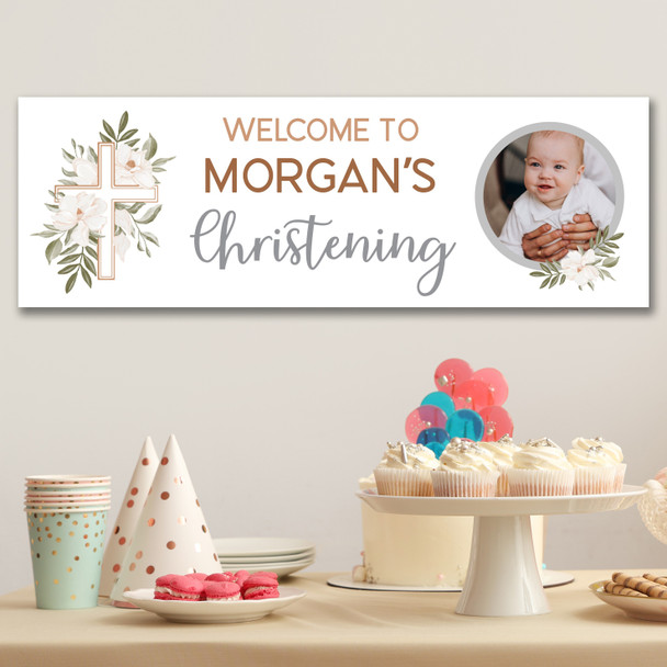 Personalised Party Banner For Christening Photo Welcome Cross Green Foliage