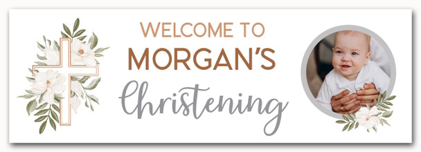 Personalised Party Banner For Christening Photo Welcome Cross Green Foliage