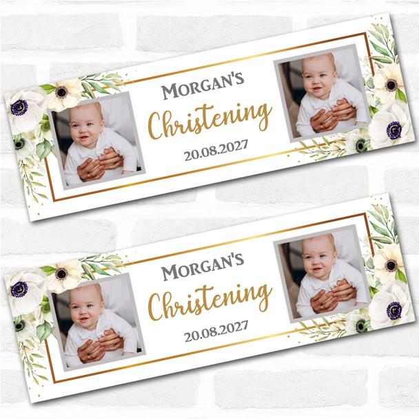 Personalised Party Banner For Christening Photo White Flowers Gold