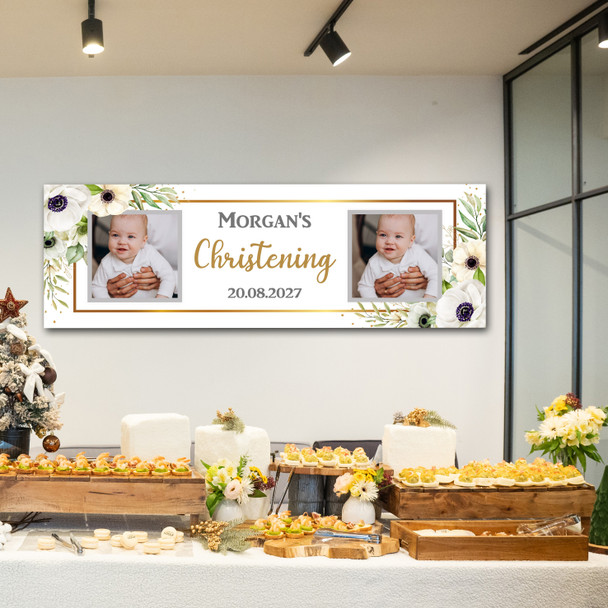 Personalised Party Banner For Christening Photo White Flowers Gold
