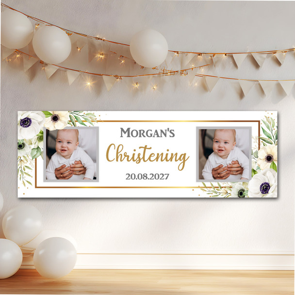 Personalised Party Banner For Christening Photo White Flowers Gold