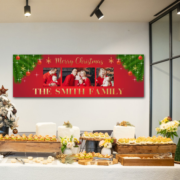 Personalised Party Banner For Christmas Family Photo Red Gold Baubles