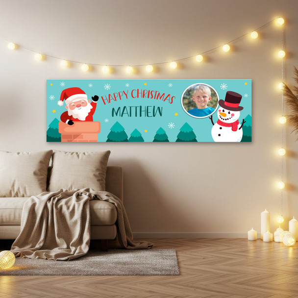 Personalised Party Banner For Christmas Photo Blue Santa Snowman