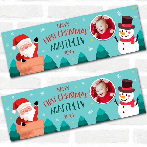 Personalised Party Banner For Christmas Photo First Christmas Blue Santa Snowman