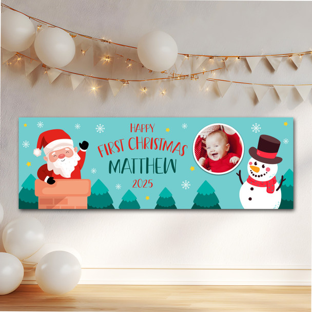 Personalised Party Banner For Christmas Photo First Christmas Blue Santa Snowman