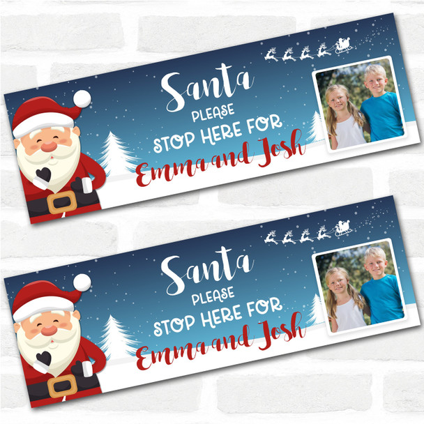 Personalised Party Banner For Christmas Santa Stop Here Photo Blue
