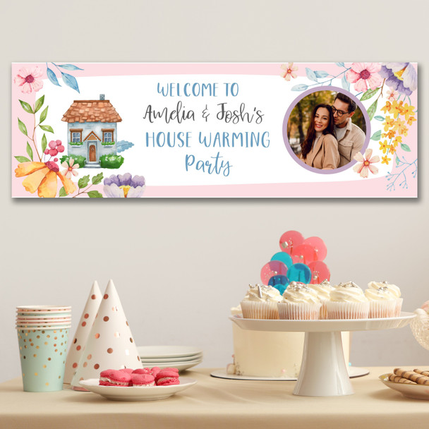 Personalised Party Banner For Housewarming New Home Photo Floral Home Pink