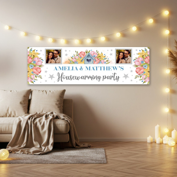 Personalised Party Banner For Housewarming New Home Photo Flowers Birdhouse