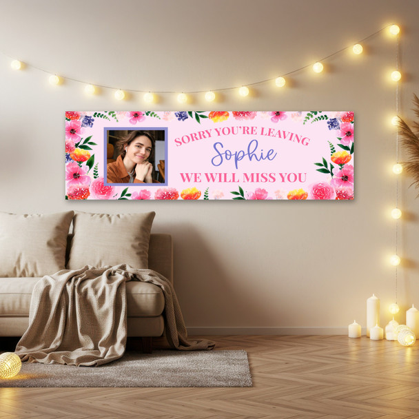 Personalised Party Banner For Sorry You're Leaving Photo Pink Flowers