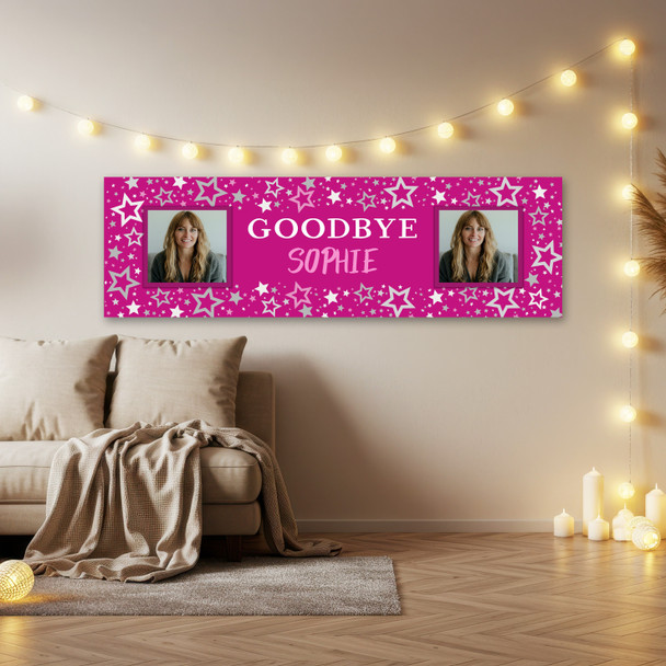Personalised Party Banner For Goodbye You're Leaving Female Photo Pink Stars