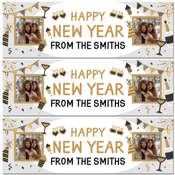 Personalised Party Banner For New Year Photo Family Gold Glasses 2026