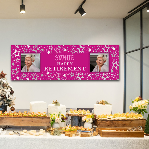 Personalised Party Banner For Retirement Female Photo Pink Stars