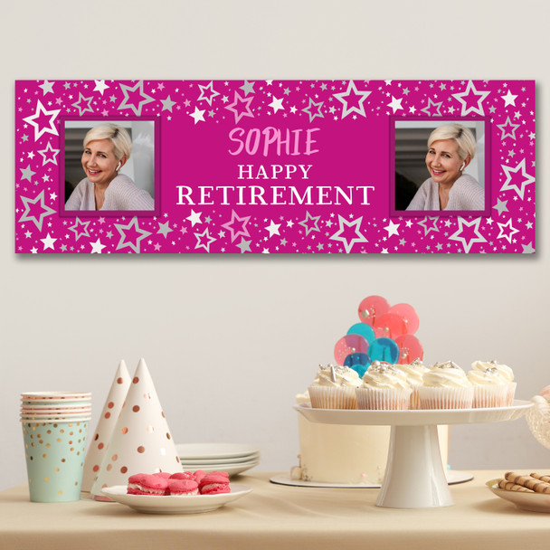 Personalised Party Banner For Retirement Female Photo Pink Stars