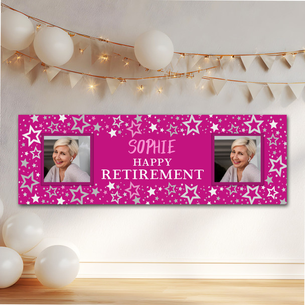 Personalised Party Banner For Retirement Female Photo Pink Stars