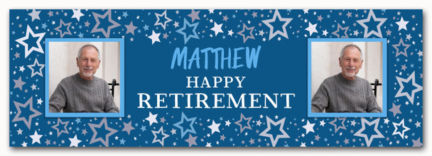 Personalised Party Banner For Retirement Male Photo Blue Stars