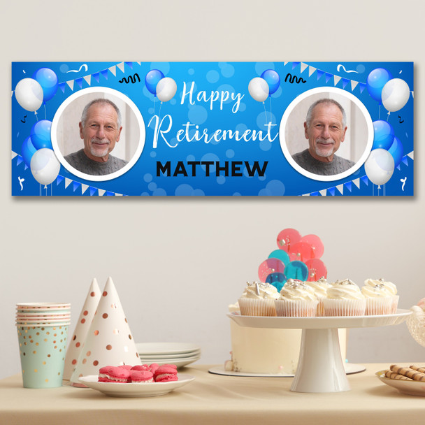 Personalised Party Banner For Retirement Photo Male Blue Balloons